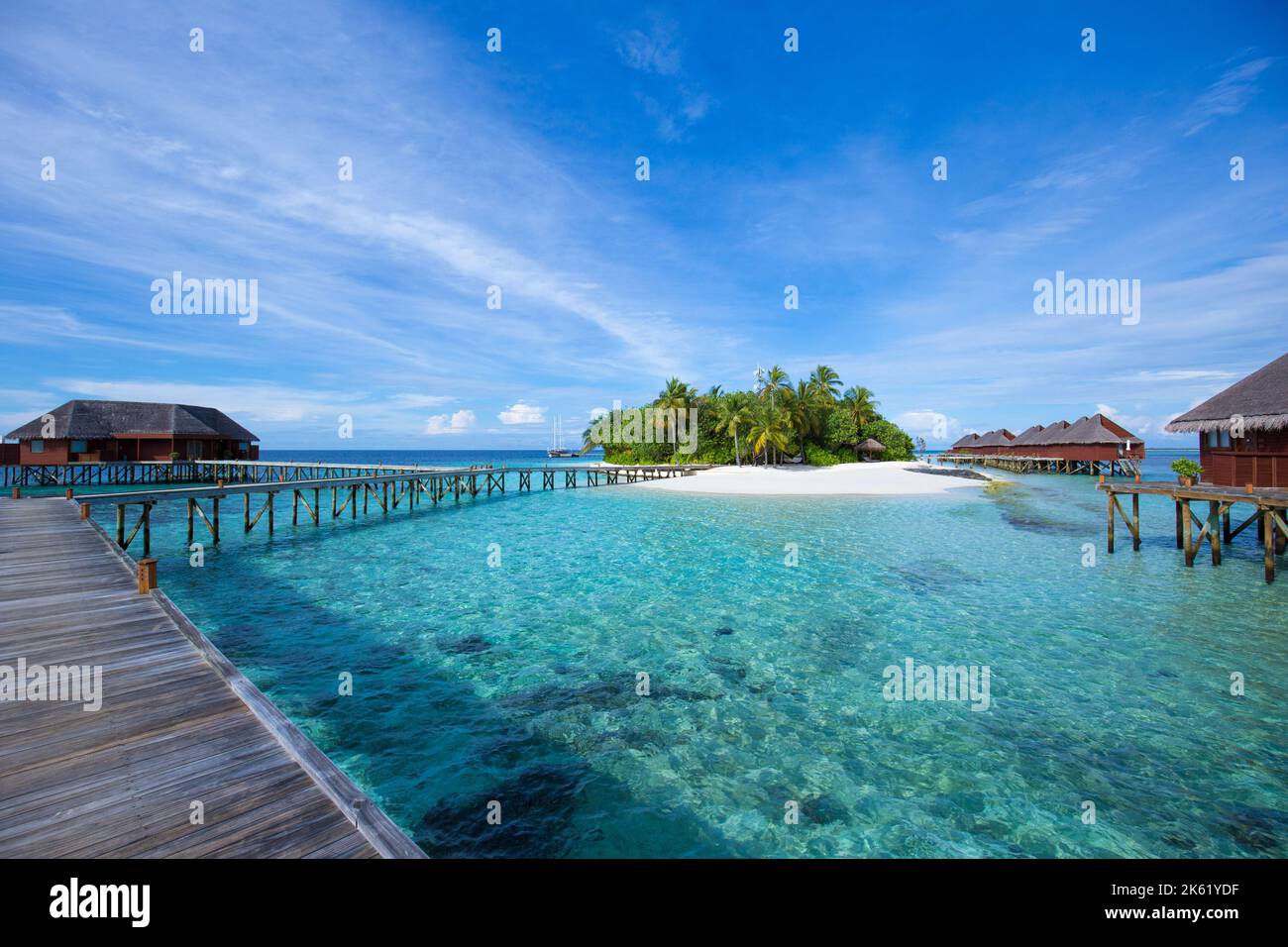 Beautiful Mirihi a small Maldivian island in the southwest of the Ari Atoll in the Indian Ocean. Stock Photo