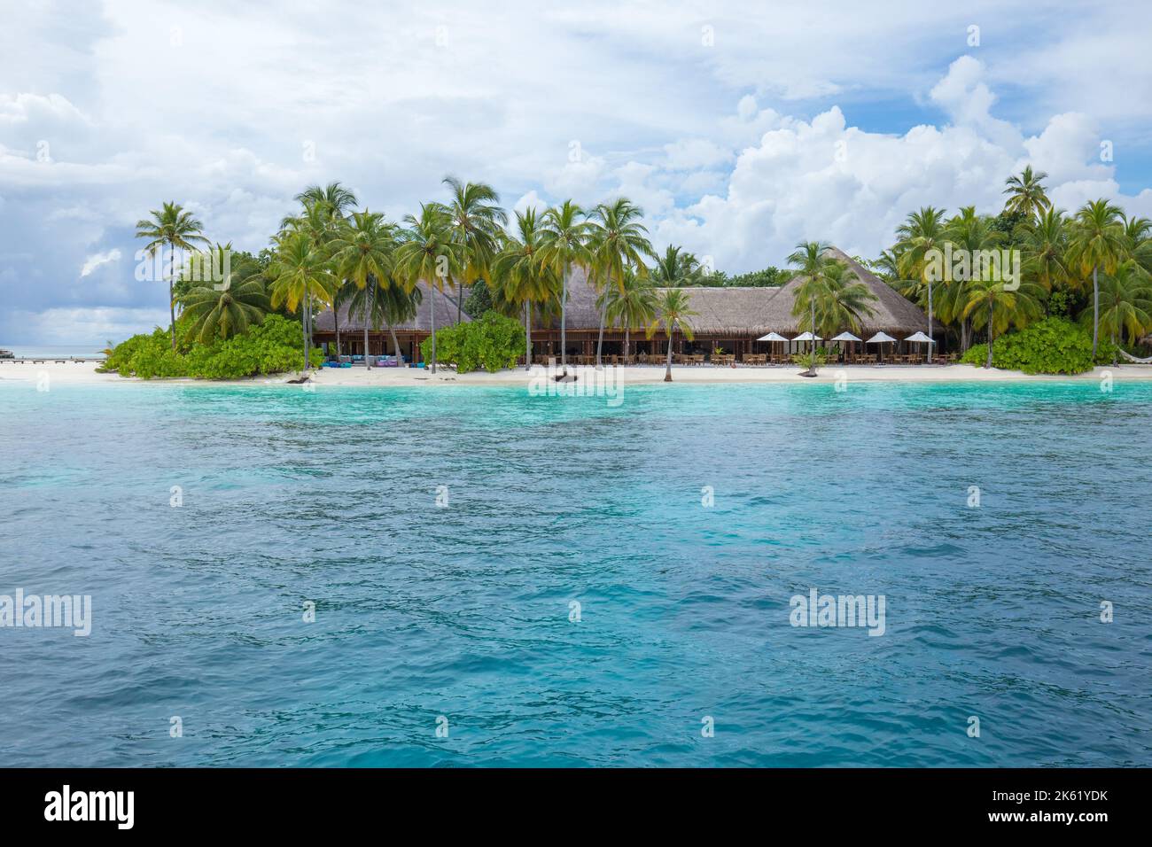 Beautiful Mirihi a small Maldivian island in the southwest of the Ari Atoll in the Indian Ocean. Stock Photo