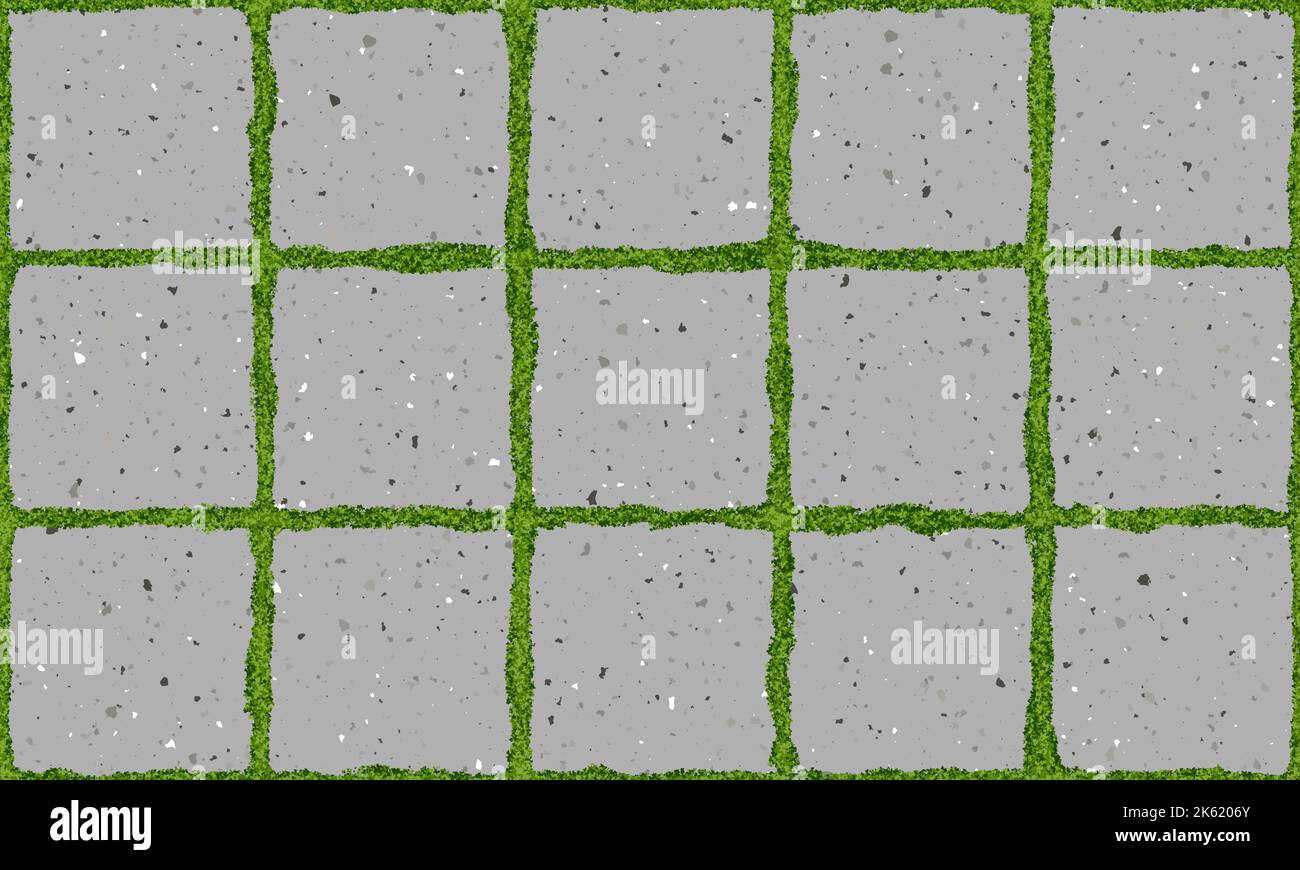 Seamless texture of old pavement with moss and concrete square bricks Stock Vector