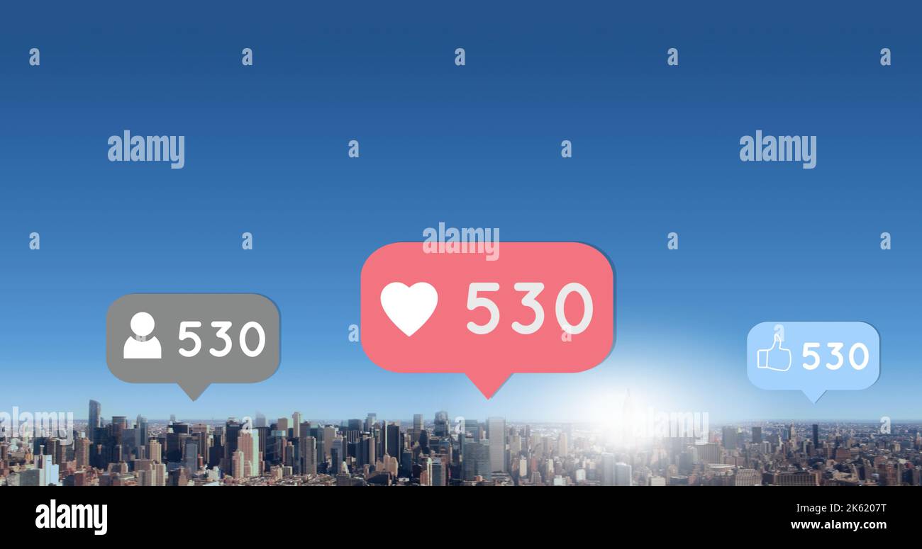 Image of social media reactions over cityscape Stock Photo Alamy