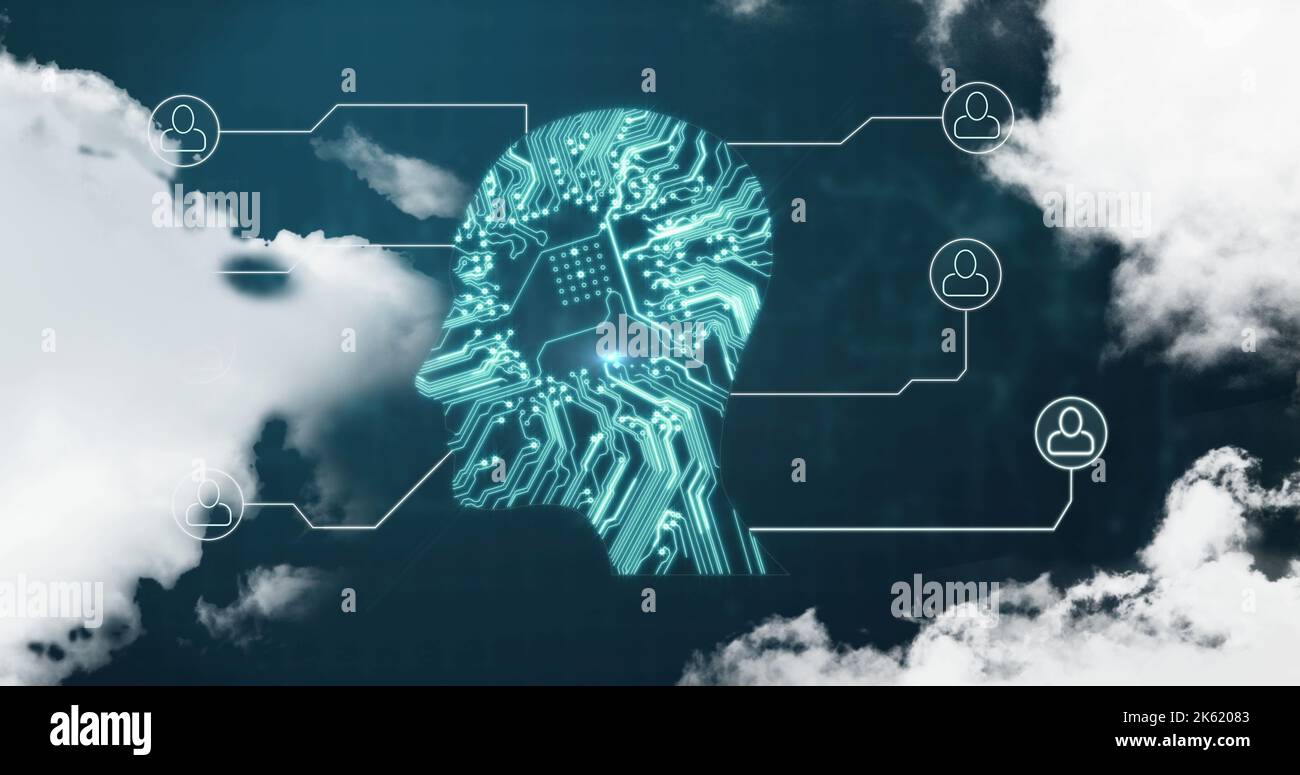 Image of digital human head with icons over clouds Stock Photo - Alamy