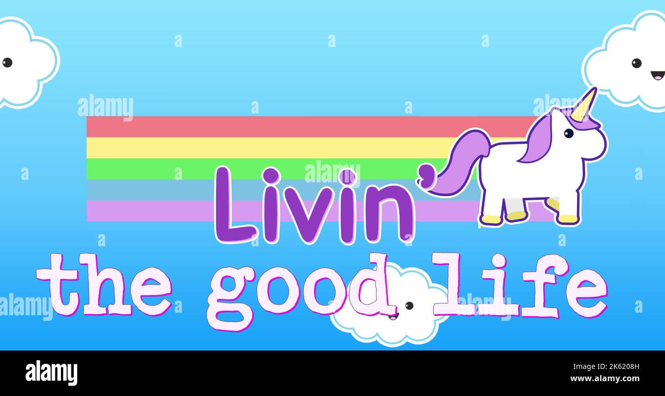 Image of living the good life over happy clouds, unicorn, rainbow and blue background Stock Photo