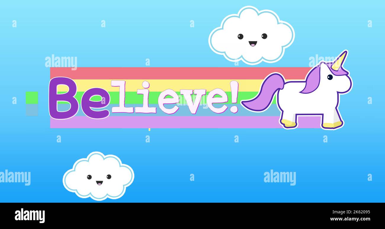 Image of believe over happy clouds, rainbow, unicorn and blue background Stock Photo