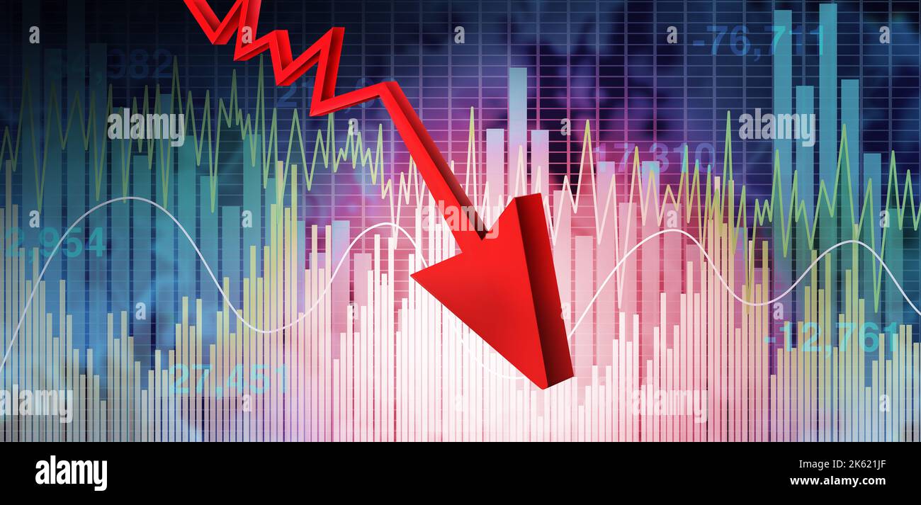 Market decline and financial market crash as a downward red arrow pointing down  with finance business graph and chart representing a stock market. Stock Photo