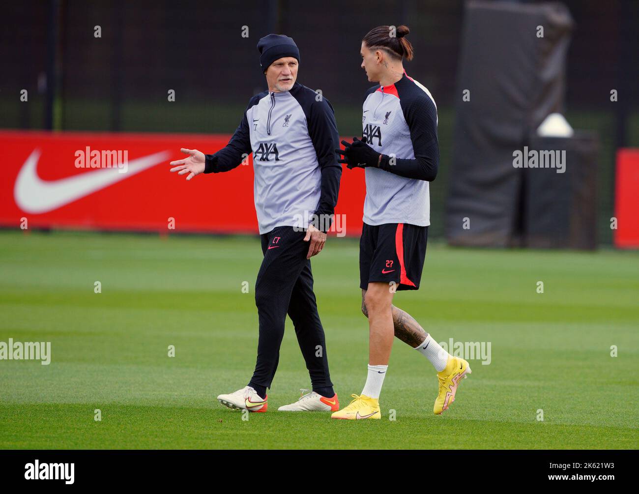 Liverpool's Darwin Nunez with Claudio Taffarel (left) during a training session at the AXA Training Centre, Liverpool. Picture date: Tuesday October 11, 2022. Stock Photo