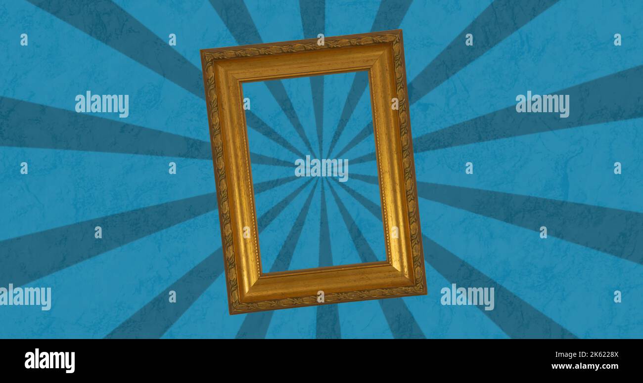 Composite of wooden picture frame over sunburst patterns against blue