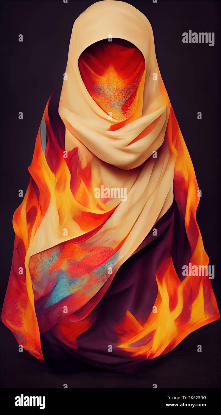 Arab woman burning her hijab in protests against oppression of women, woman and men equality , women rights, repressive regime and morality police Stock Photo