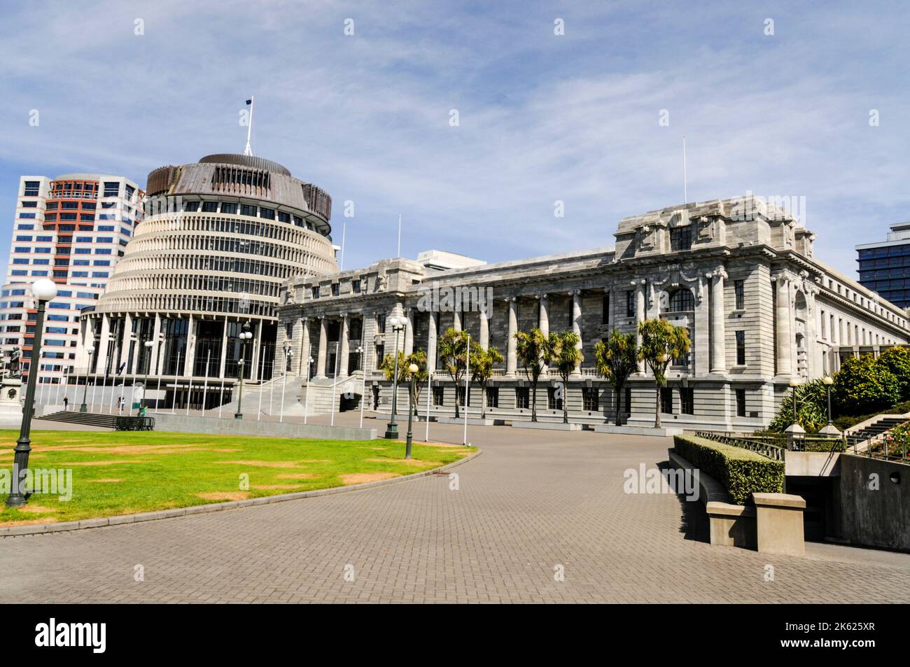 The New Zealand Parliament and the circular building nicknamed, the Beehive in Wellington on the north island of New Zealand. Wellington is nicknamed Stock Photo