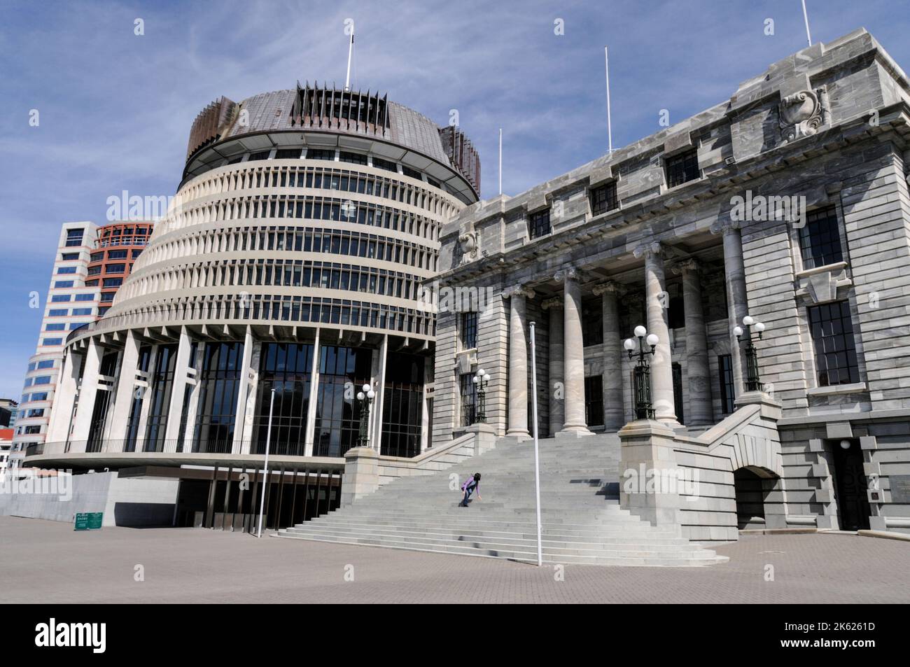 The New Zealand Parliament and the circular building nicknamed, the Beehive in Wellington on the north island of New Zealand. Wellington is nicknamed Stock Photo