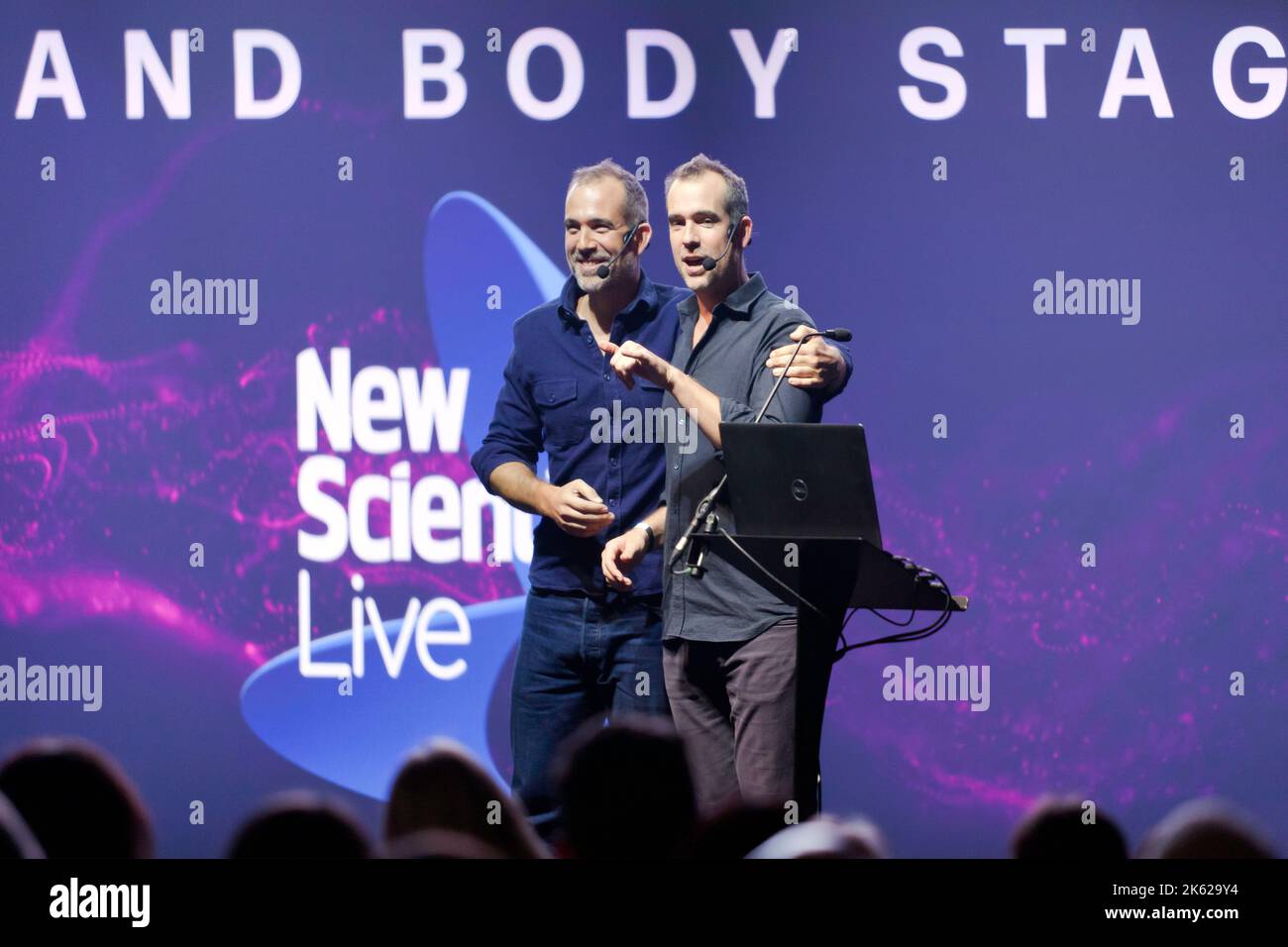 Chris and Xand van Tulleken answer questions from the audience, after their talk on Ultra-processed foods and what  they do to our bodies. Stock Photo