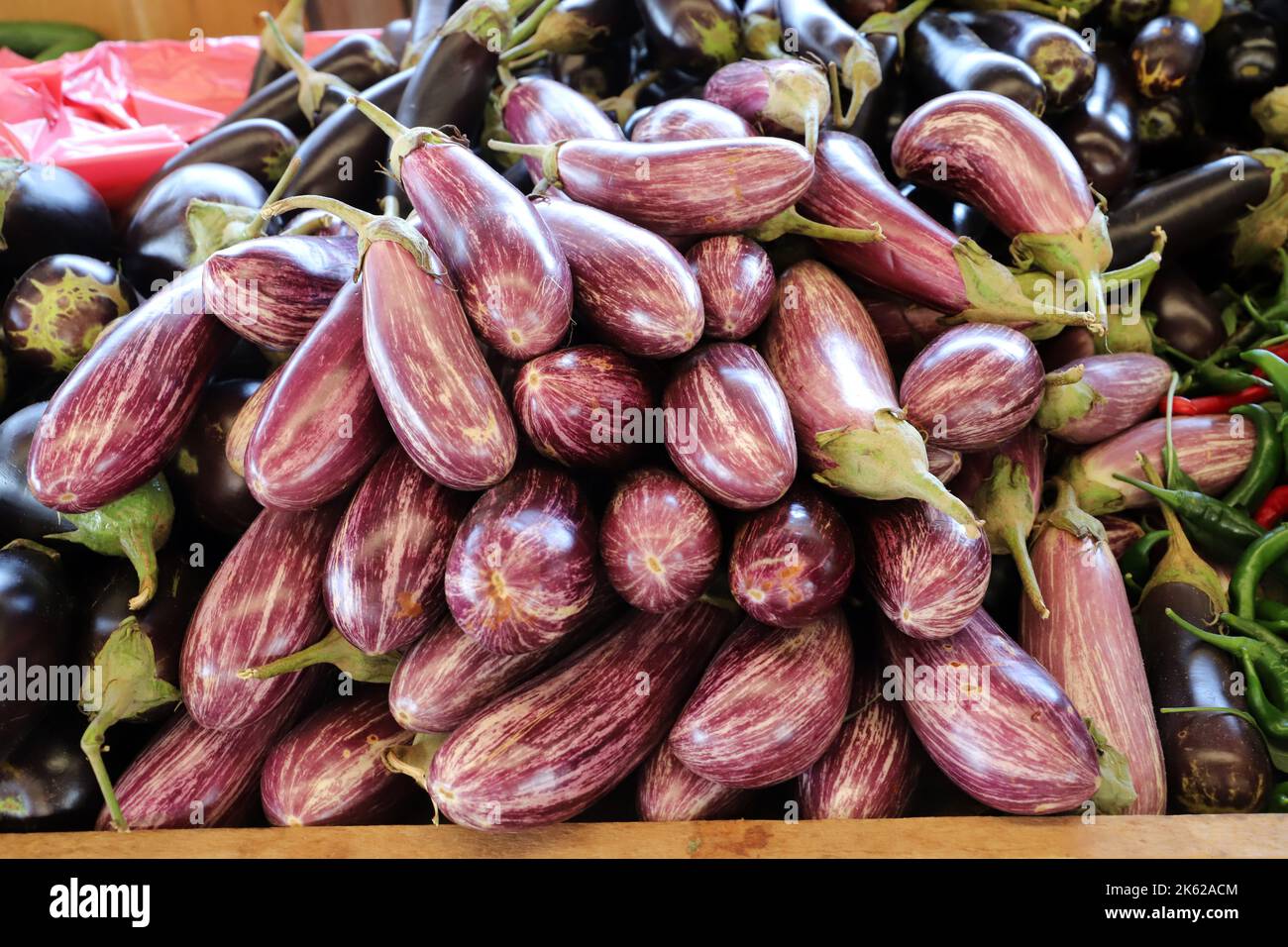 Aubergines on sale at Belediye Cuma Pazari, Famagusta, Turkish Republic of Northern Cyprus Stock Photo