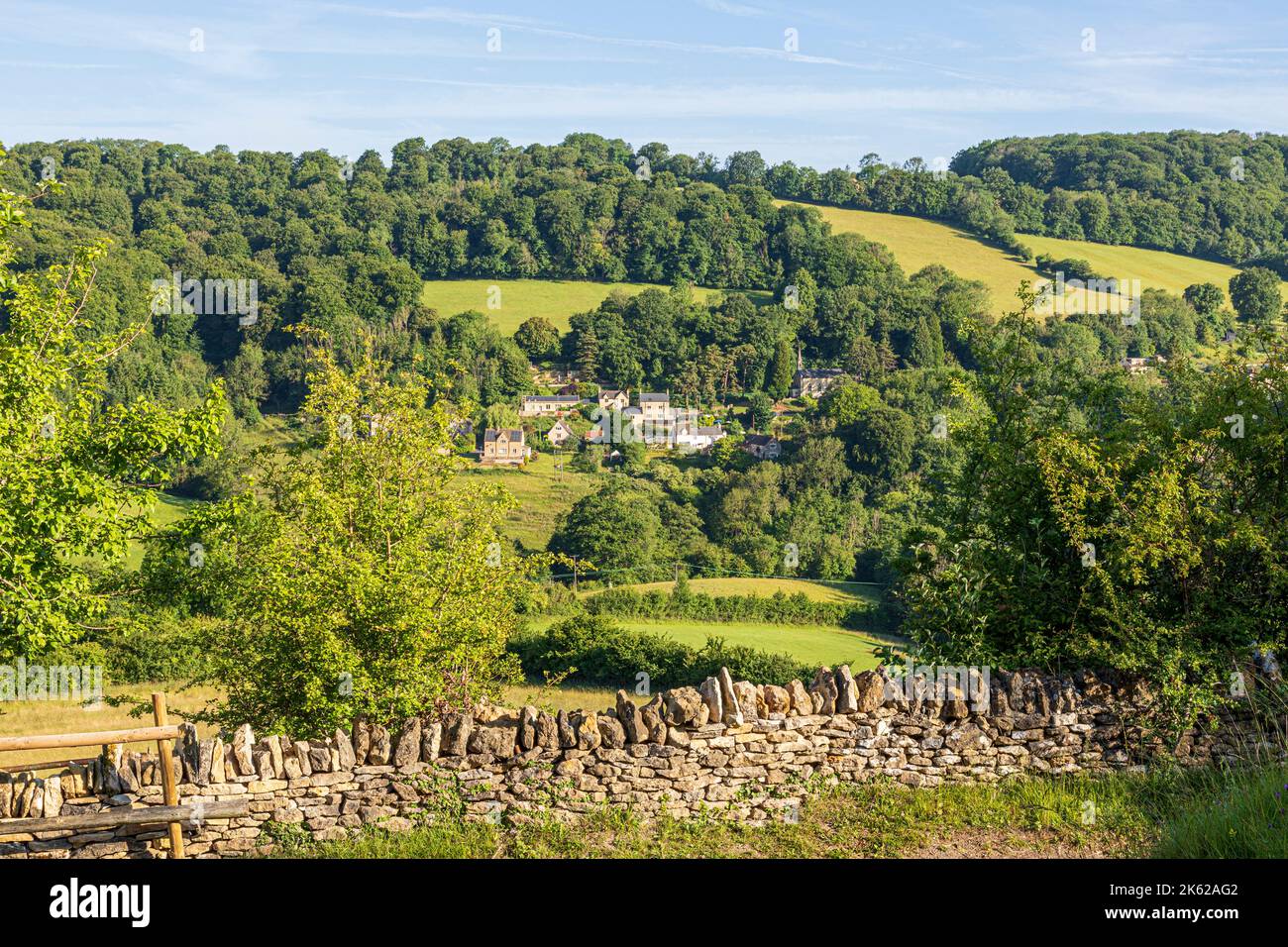 Early morning light on Midsummers Day (June 21st) on the Cotswold village of Slad, Gloucestershire UK - Laurie Lee's home author of 'Cider with Rosie' Stock Photo