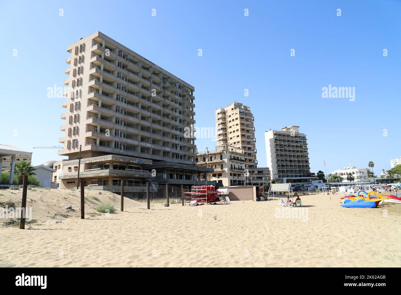 Beachfront Hotels at Palm Beach abandoned in 1974 when the Turkish Army invaded Northern Cyprus; Famagusta (Gazimagusa); Northern Cyprus Stock Photo