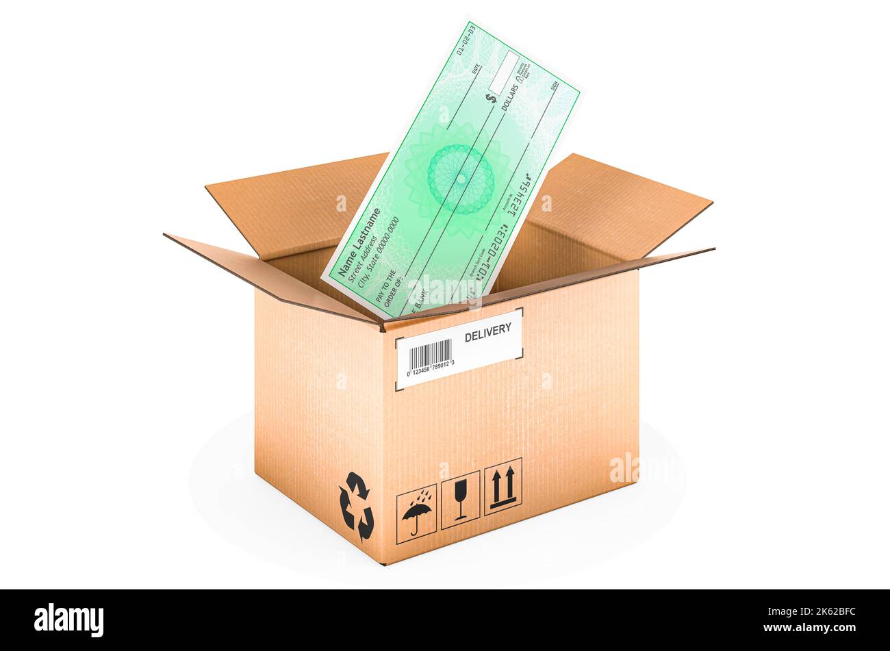 Parcel with bank check, 3D rendering isolated on white background Stock