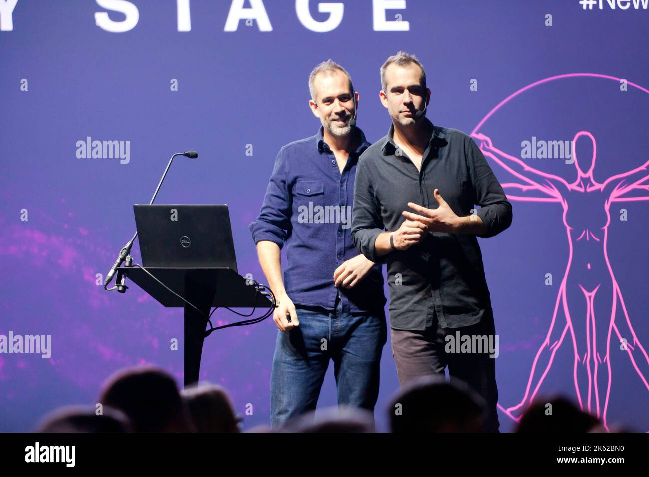 Chris and Xand van Tulleken answer questions from the audience, after their talk on Ultra-processed foods and what  they do to our bodies. Stock Photo