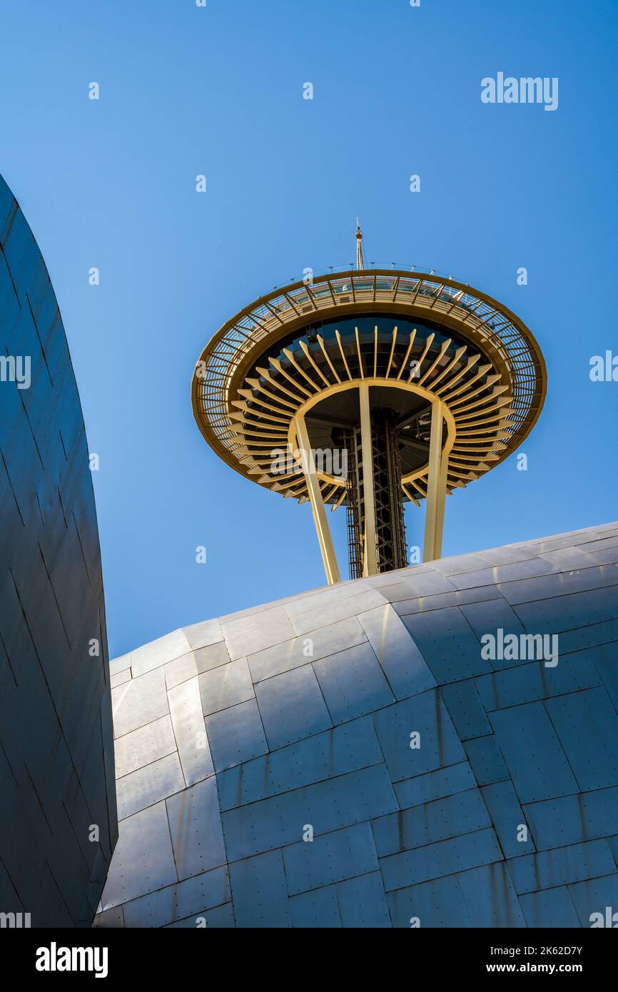 The Space Needle behind the Museum of Pop Culture, Seattle Center, Seattle, Washington, USA Stock Photo