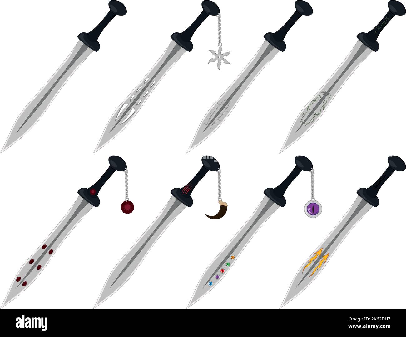 Cold cutting weapon game asset, various styles swords collection vector illustration Stock Vector