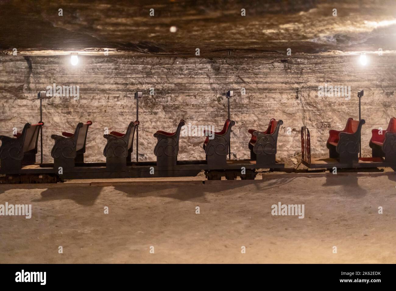 Hutchinson, Kansas Train cars ready to take visitors on a tour of the Strataca Underground