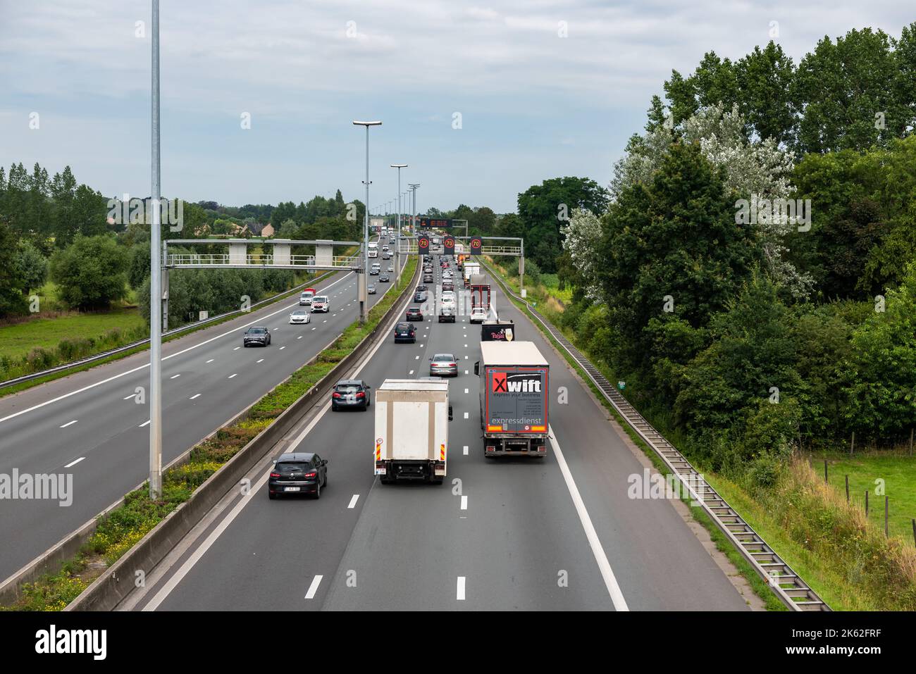 Wetteren, East Flanders Region, Belgium - 07 15 2021 The E40 highway traffic, taken from above Stock Photo