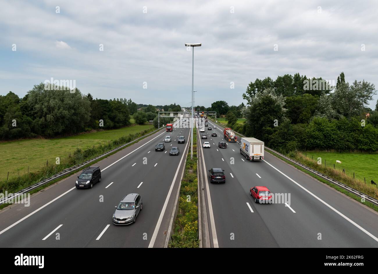Wetteren, East Flanders Region, Belgium - 07 15 2021 The E40 highway traffic, taken from above Stock Photo