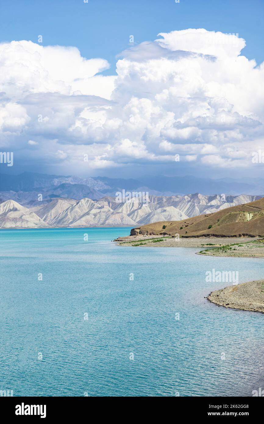 Toktogul reservoir and the lake view in Kyrgyzstan. Amazing holiday,  relax in central Asia. Near Bishkek Osh. Beautiful landscape in Kyrgyzstan Stock Photo