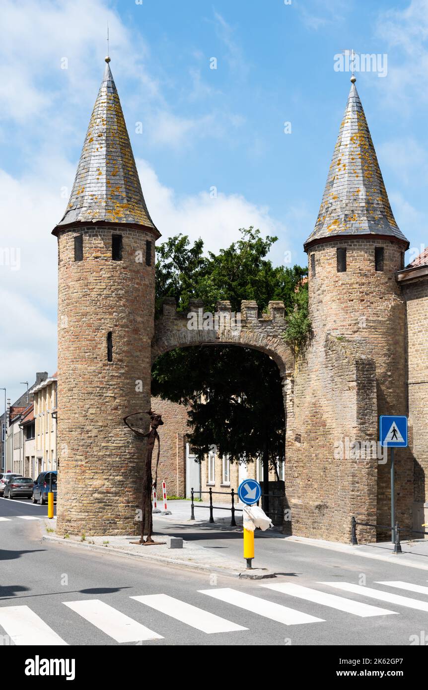 Lo-rening, West Flanders Region - Belgium - 07 17 2021 Twin towers at the old city gate Stock Photo
