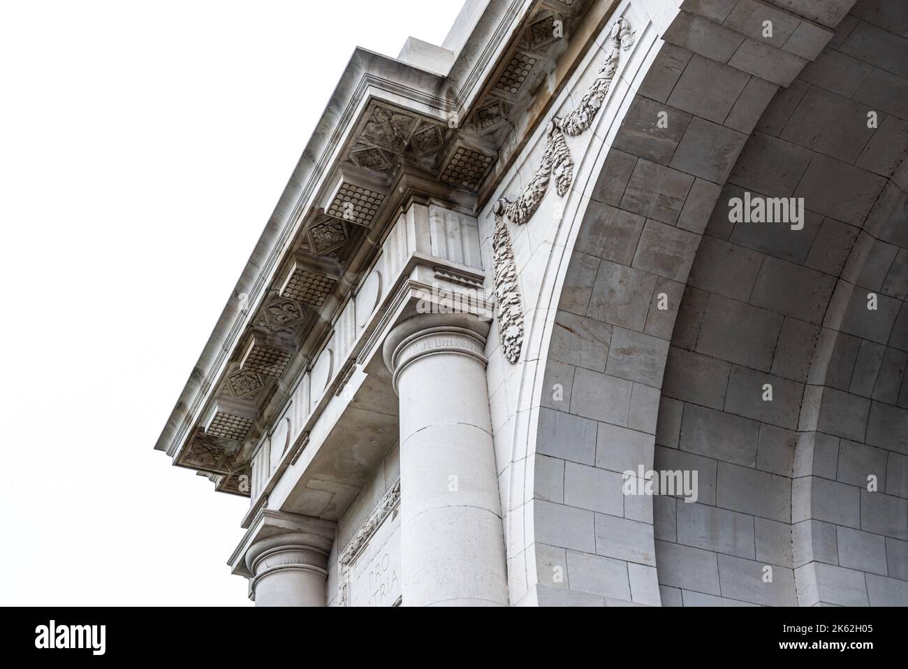 Ieper, West Flanders Region - Belgium - 07 15 2021 Diagonal upwards view of a classic city gate ornament Stock Photo