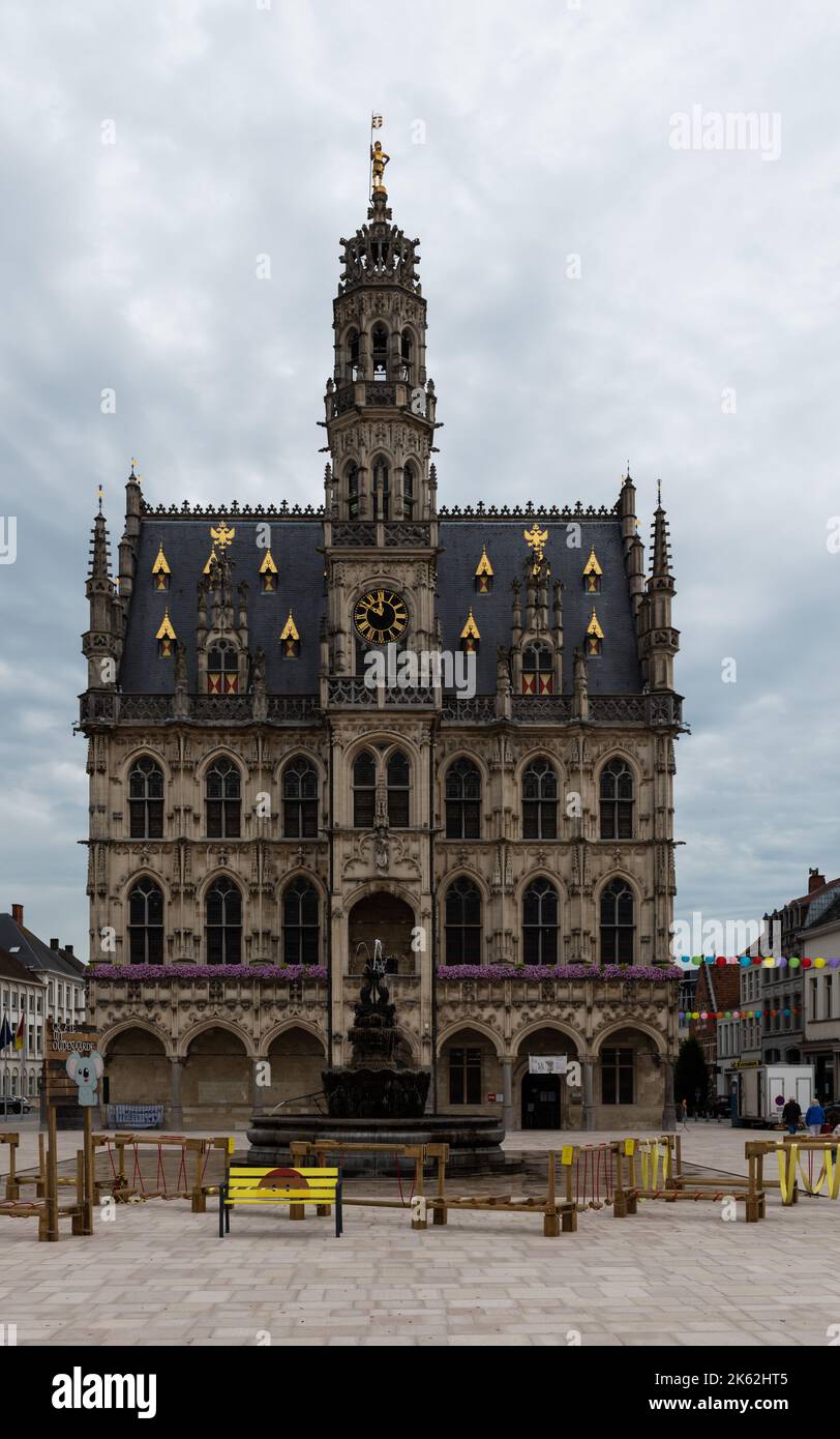 Oudenaarde, East Flanders Region -  Belgium - 07 11 2021 Facade of the gothic town hall Stock Photo