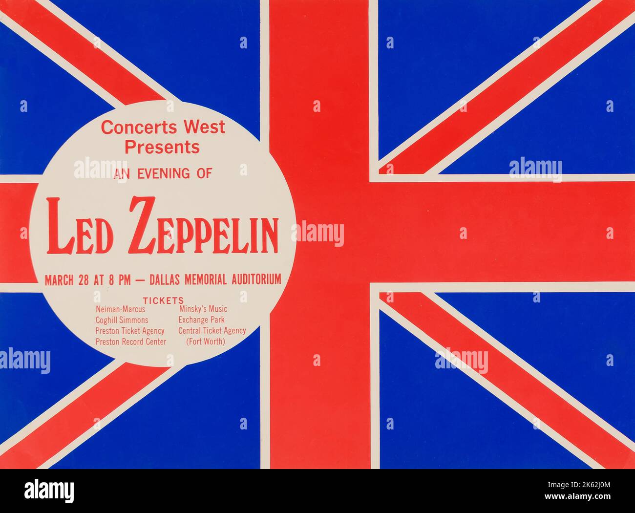1970 - LED ZEPPELIN - DALLAS MEMORIAL AUDITORIUM CONCERT handbill - Feat. the British Flag 'Union Jack' Stock Photo