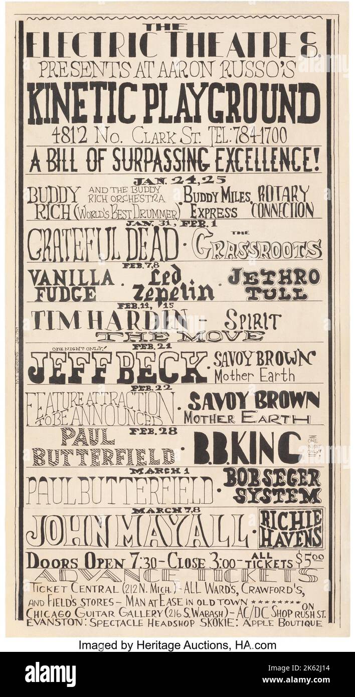 Led Zeppelin, Grateful Dead, Jeff Beck, BB King, John Mayall, Jethro Tull etc. 1969 Kinetic Playground Chicago, Illinois, Handwritten Concert Poster - 'The Electric Theatre 8 presents at Aaron Russo's Kinetic Playground' Stock Photo