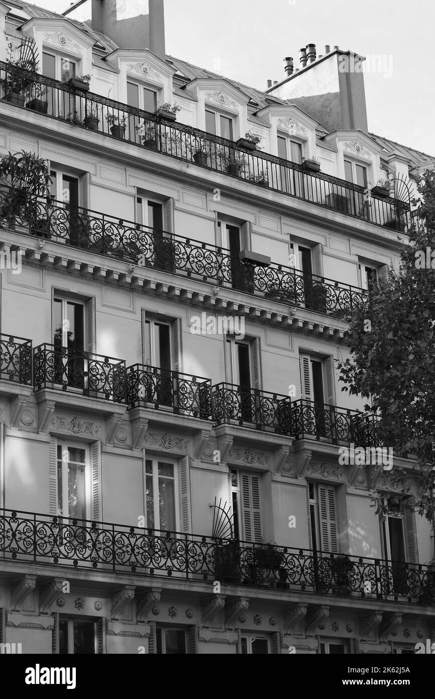 Paris, France. Classic French Building Architecture. Black and White Parisian Street Cityscape. Stock Photo