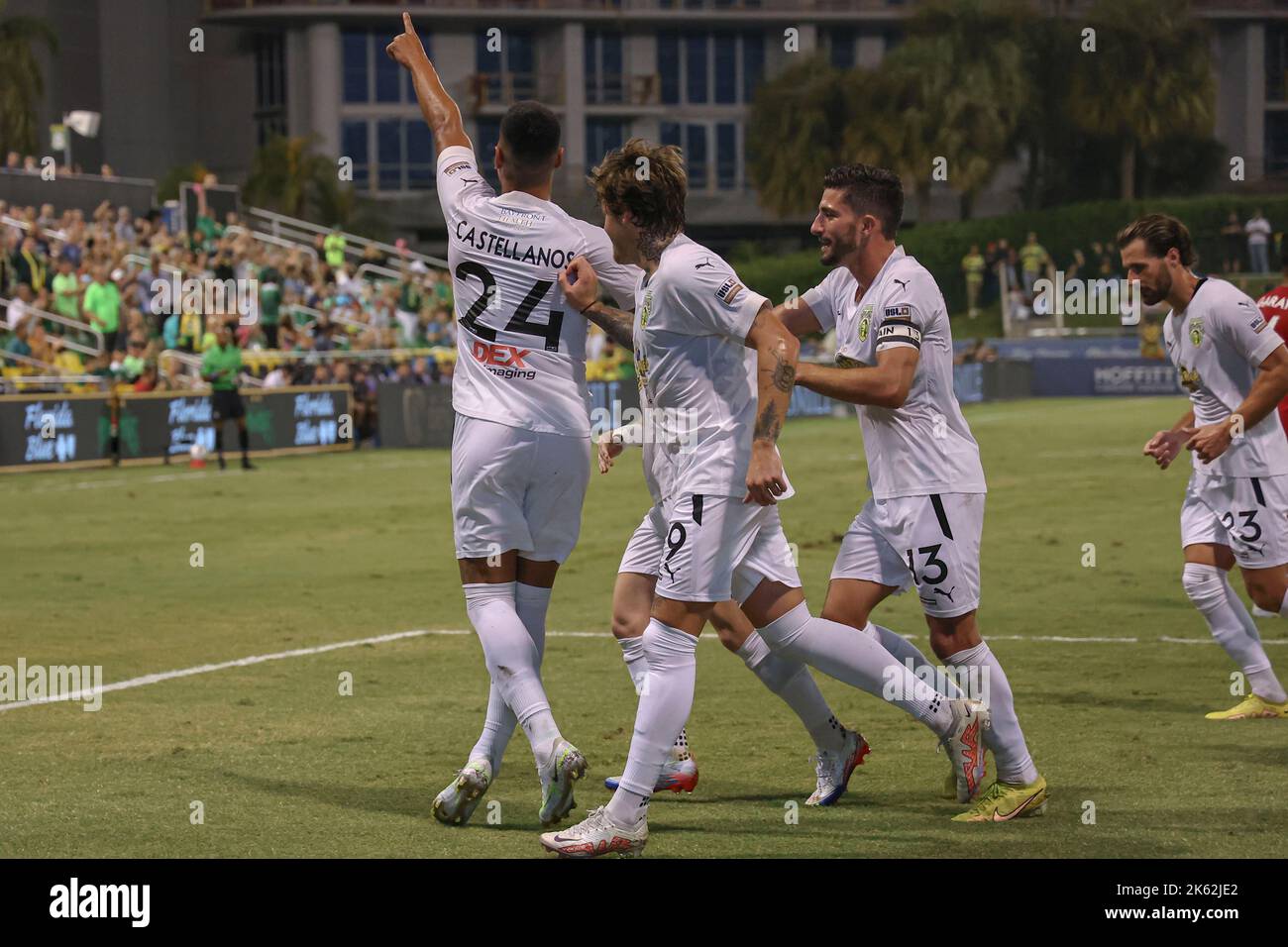 St. Petersburg, FL: Tampa Bay Rowdies defender Santi Castaneda (240 shows his excitement after scoring the first goal during a USL soccer game against Stock Photo