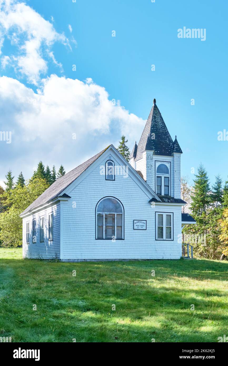 The Glenvalley United Church on Cape Breton Island is typical of the architecture of the many churches in Nova Scotia being clad in cedar shakes paint Stock Photo