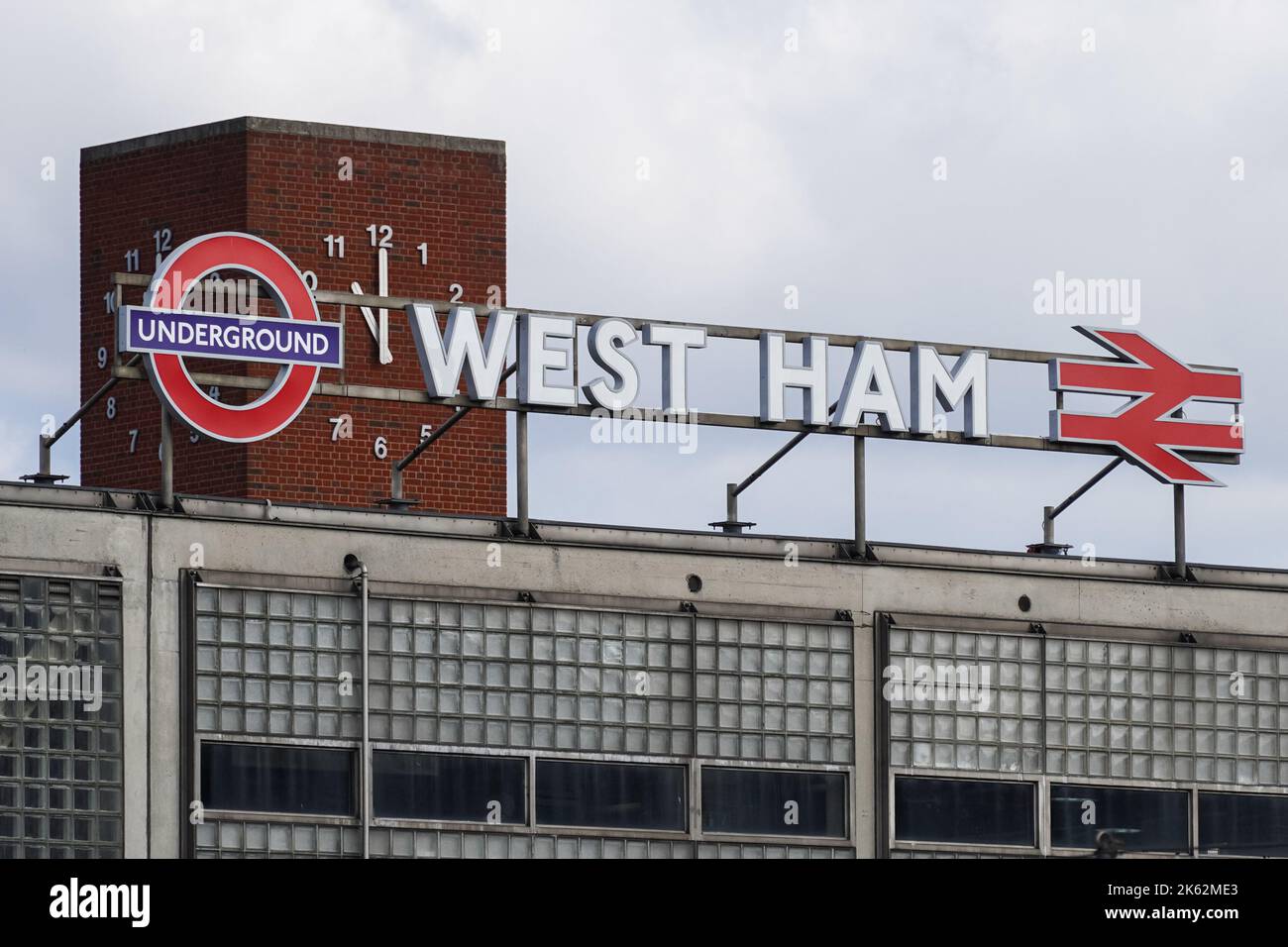 West Ham underground, tube, rail station sign London England United Kingdom UK Stock Photo