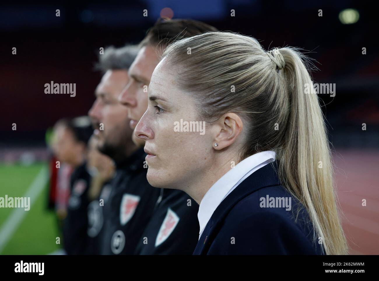 Soccer Football - FIFA Women's World Cup - UEFA Qualifiers - Switzerland v Wales - Stadion Letzigrund, Zurich, Switzerland - October 11, 2022 Wales coach Gemma Grainger during the national anthems before the match REUTERS/Stefan Wermuth Stock Photo