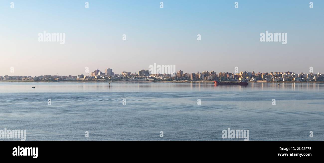 Lake Timsah, panoramic photo taken on a sunny morning. This is one of the Bitter Lakes linked by the Suez Canal. Ismailia, Egypt Stock Photo