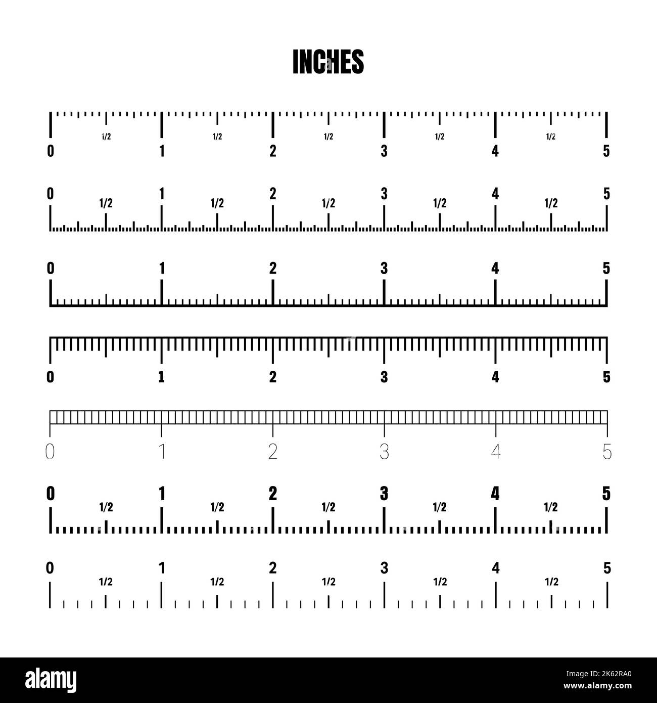 Realistic black inch scale for measuring length or height. Various