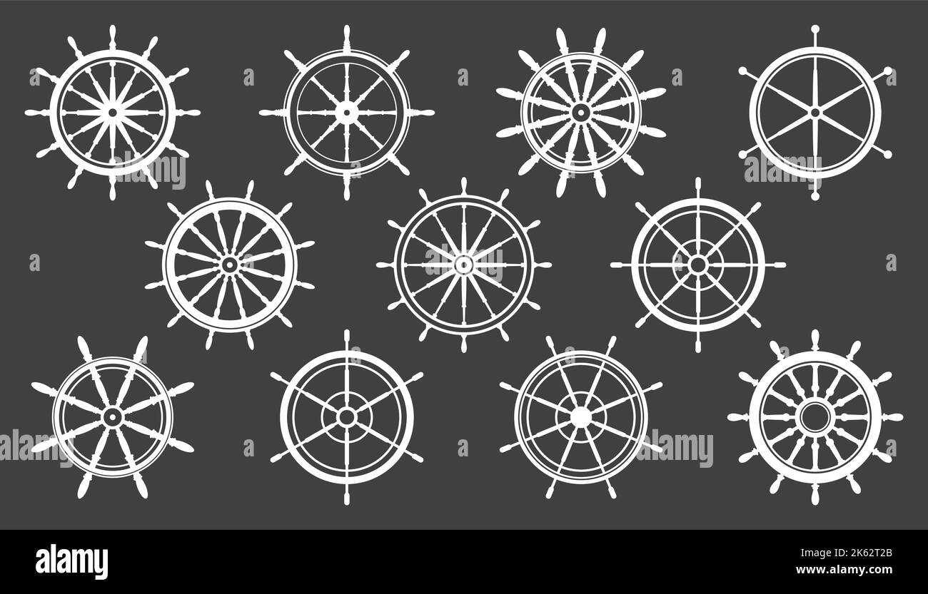 Collection of white vintage steering wheels. Ship, yacht retro wheel ...
