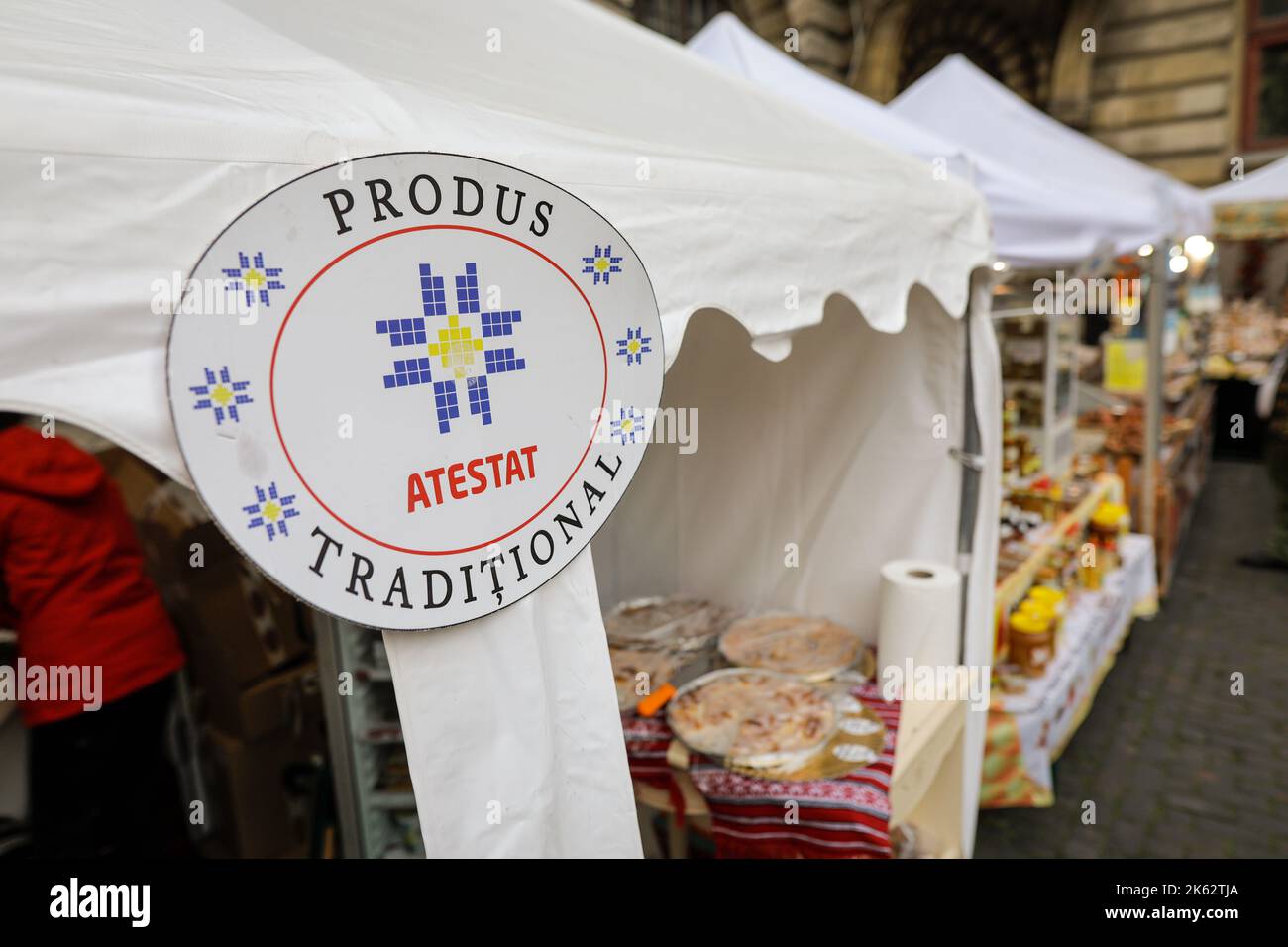 Bucharest, Romania - October 10, 2022: Shallow depth of field (selective focus) details with a sign reading in Romanian “Traditional product. Certifie Stock Photo