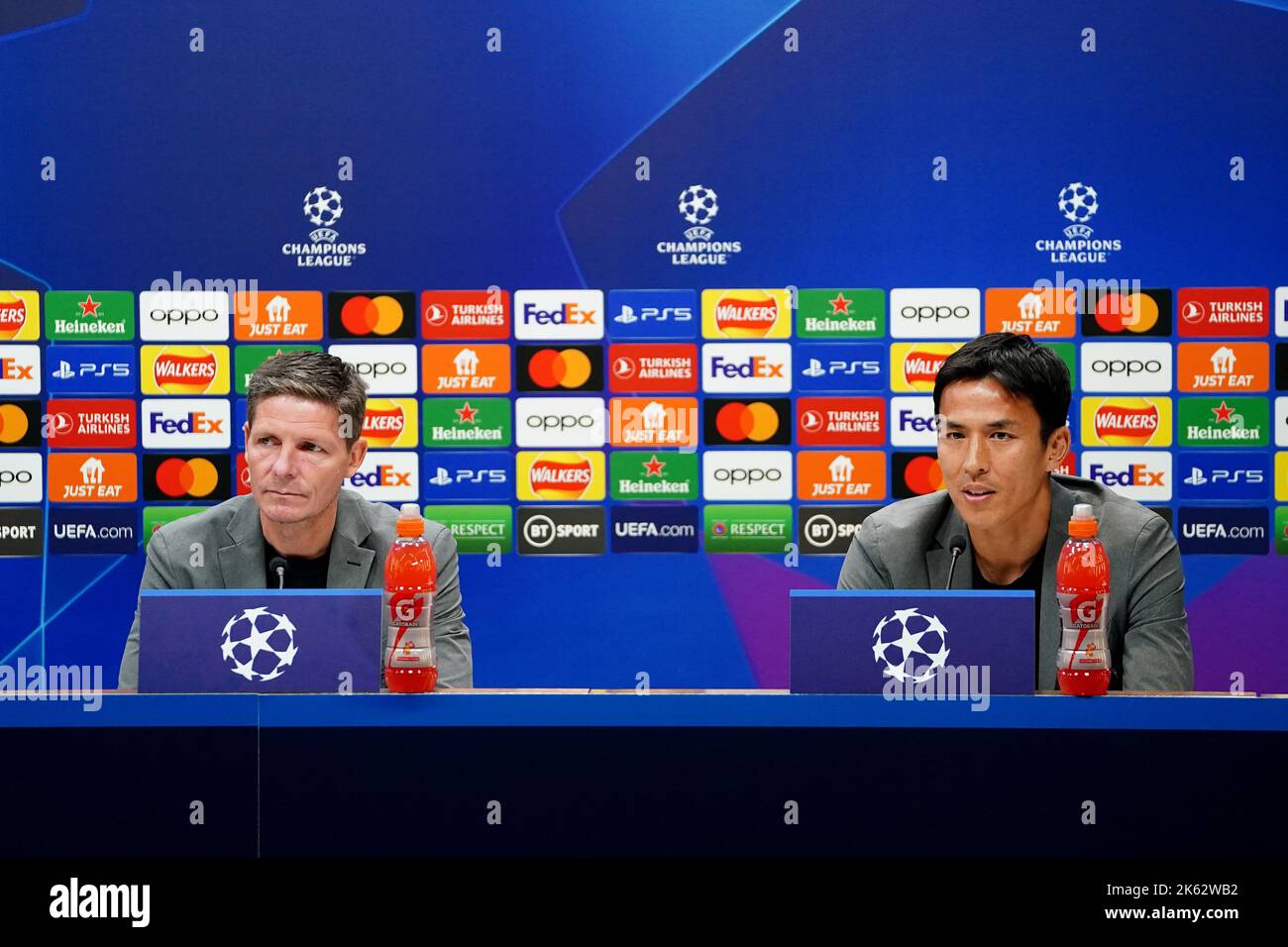 Eintracht Frankfurt player Makoto Hasebe and manager Oliver Glasner during a press conference at the Tottenham Hotspur Stadium, London. Picture date: Tuesday October 11, 2022. Stock Photo