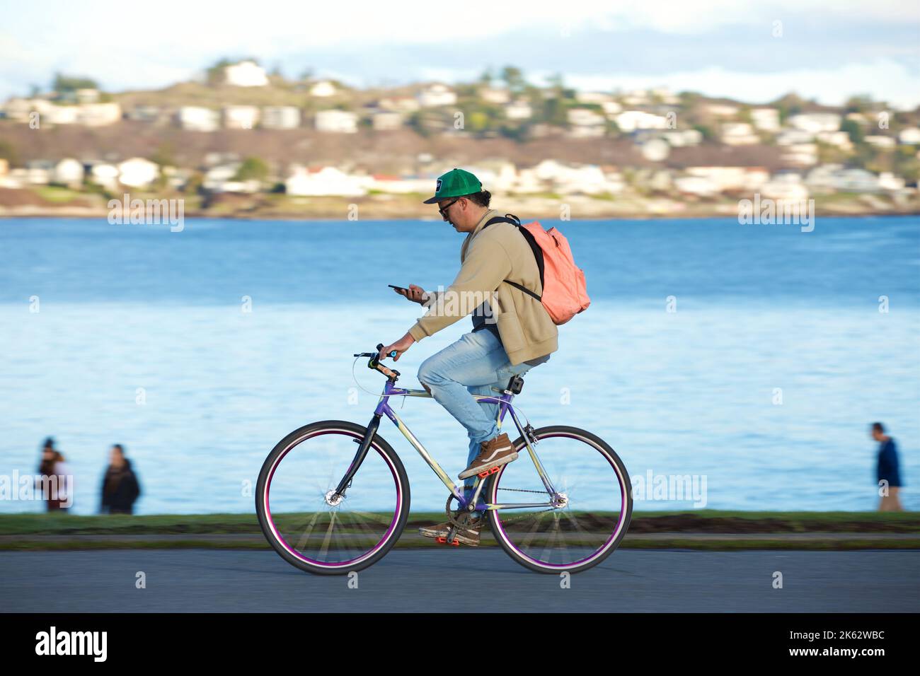 A man driving a bicycle while texting on a phone Stock Photo