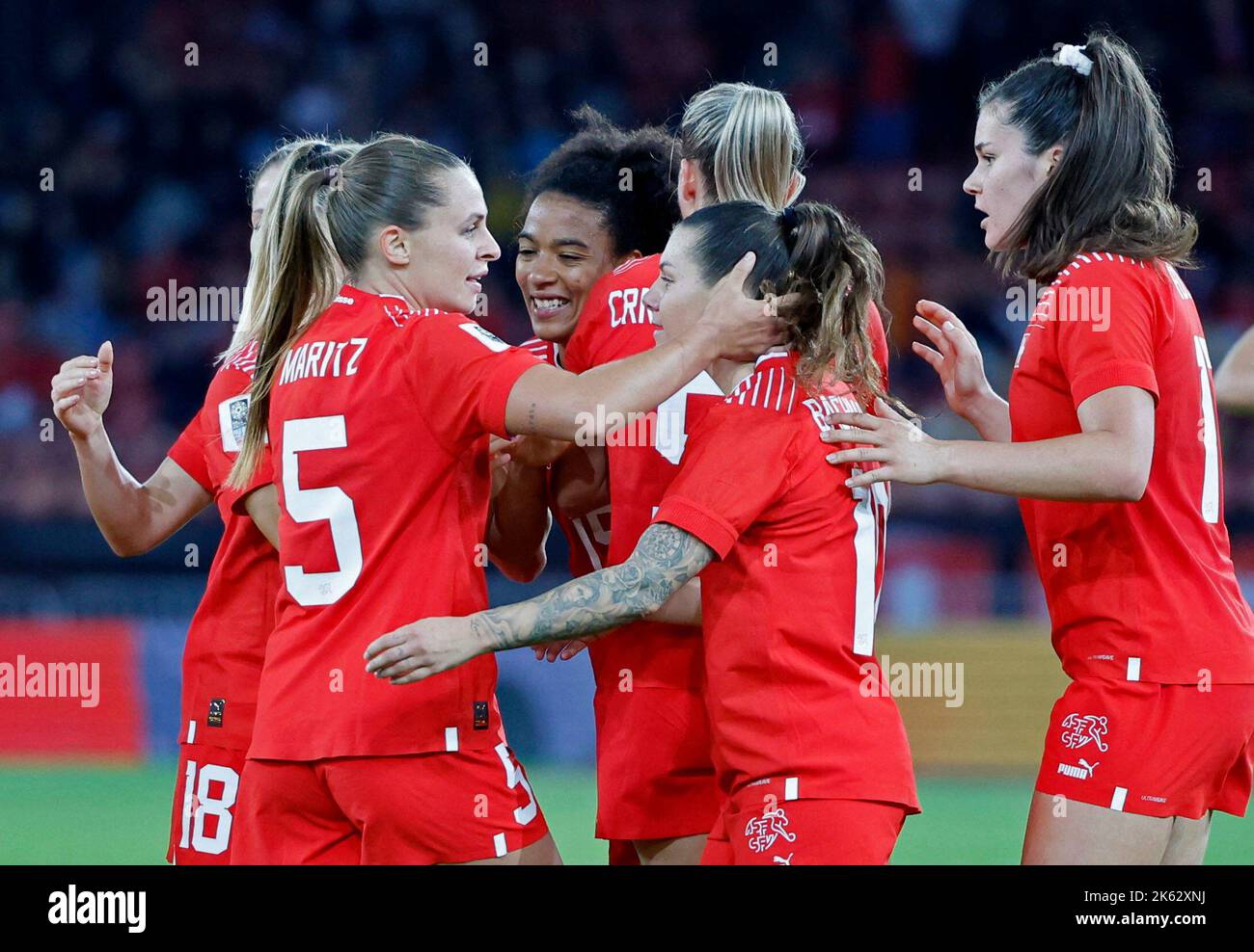 Soccer Football - FIFA Women's World Cup - UEFA Qualifiers - Switzerland v Wales - Stadion Letzigrund, Zurich, Switzerland - October 11, 2022 Switzerland's Ramona Bachmann celebrates scoring their first goal with teammates REUTERS/Stefan Wermuth Stock Photo