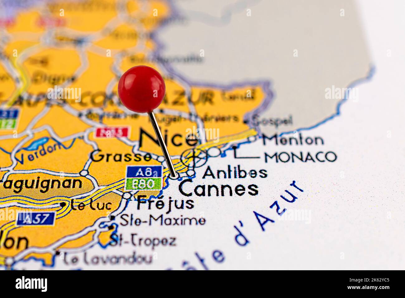 Cannes map. Close up of Cannes map with red pin. Map with red pin point of Cannes in France