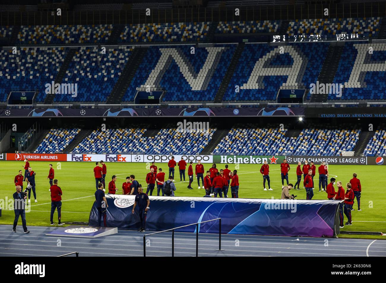 NAPLES - Ajax players during the Walkaround the pitch ahead of the Champions League match against SSC Napoli at Stadium Diego Armando Maradona on October 11, 2022 in Naples, Italy. ANP MAURICE VAN STEEN Stock Photo