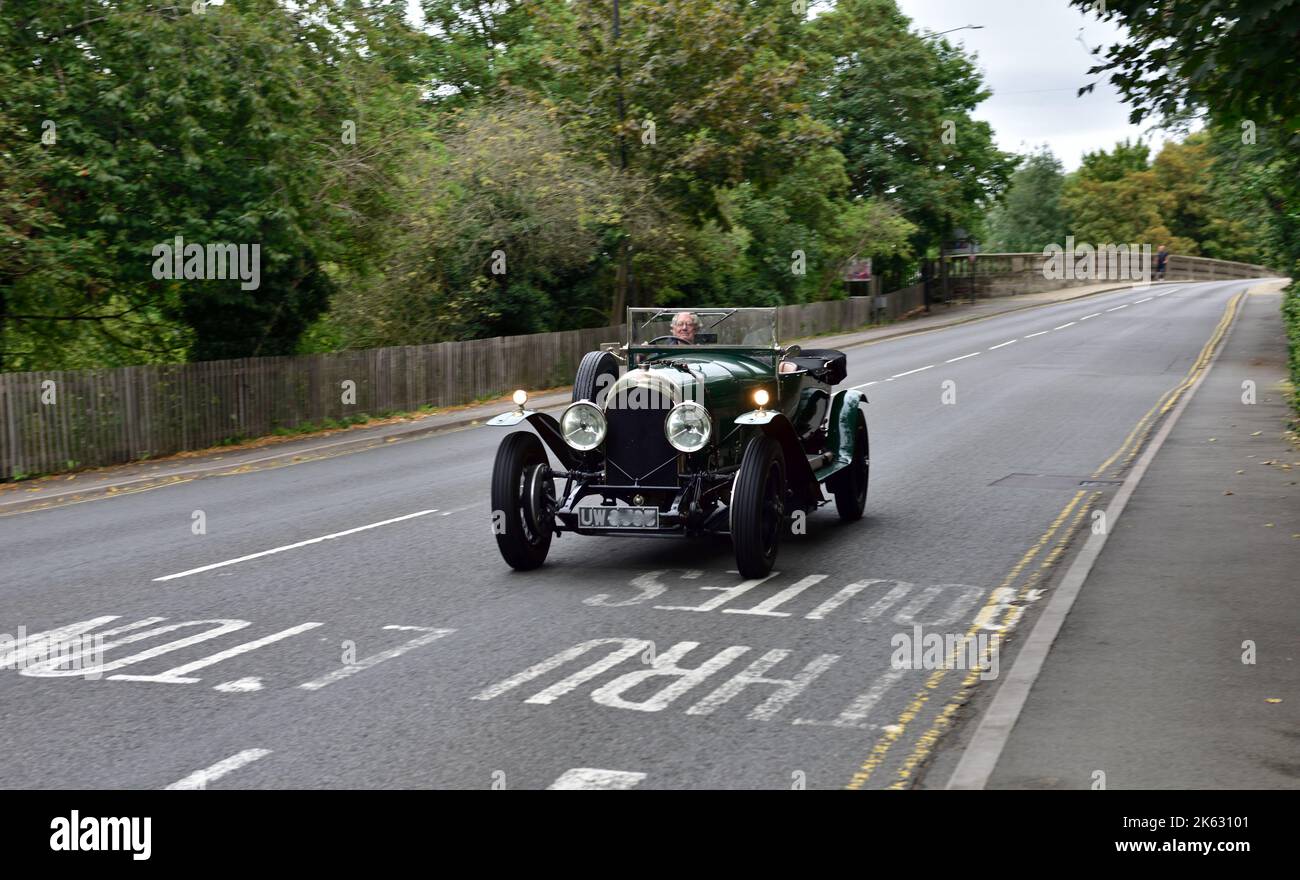 Antique classic Bentley driving into town of Warwick, West Midlands Stock Photo