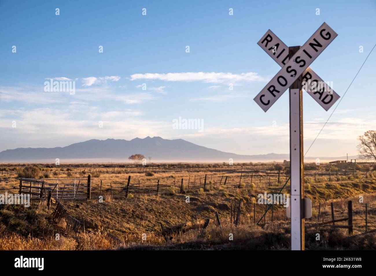 Manassa, Colorado, railroad crossing, Blanca Peak in the distance Stock Photo