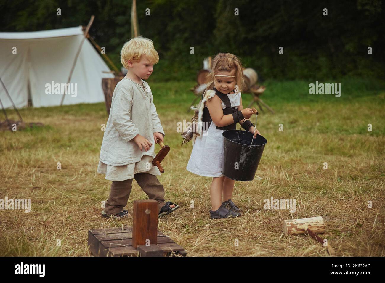 Hojbjerg, Denmark, August, 2022: Children playing at viking festival Stock Photo