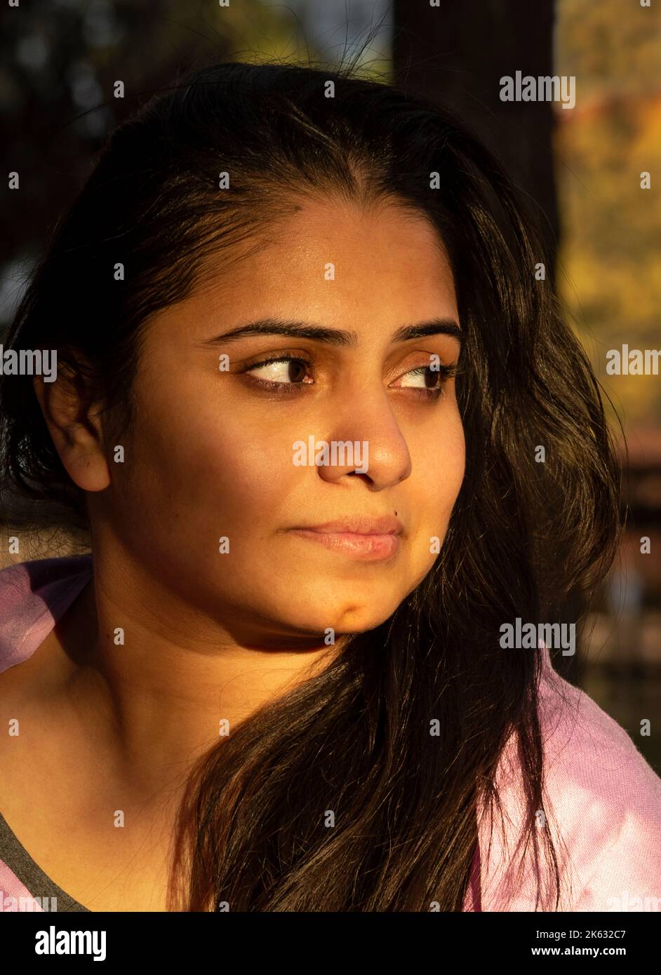 Beautiful young dark-haired woman looking thoughtful in evening light Stock Photo