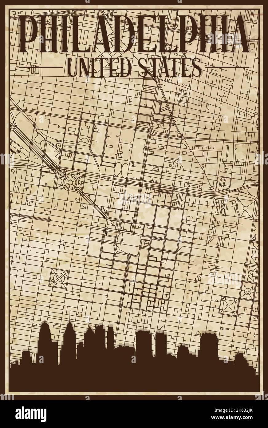 Hand drawn downtown streets network - Hand Drawn Downtown Streets Network Printout Map Of Philadelphia United States Of America 2K632JK 