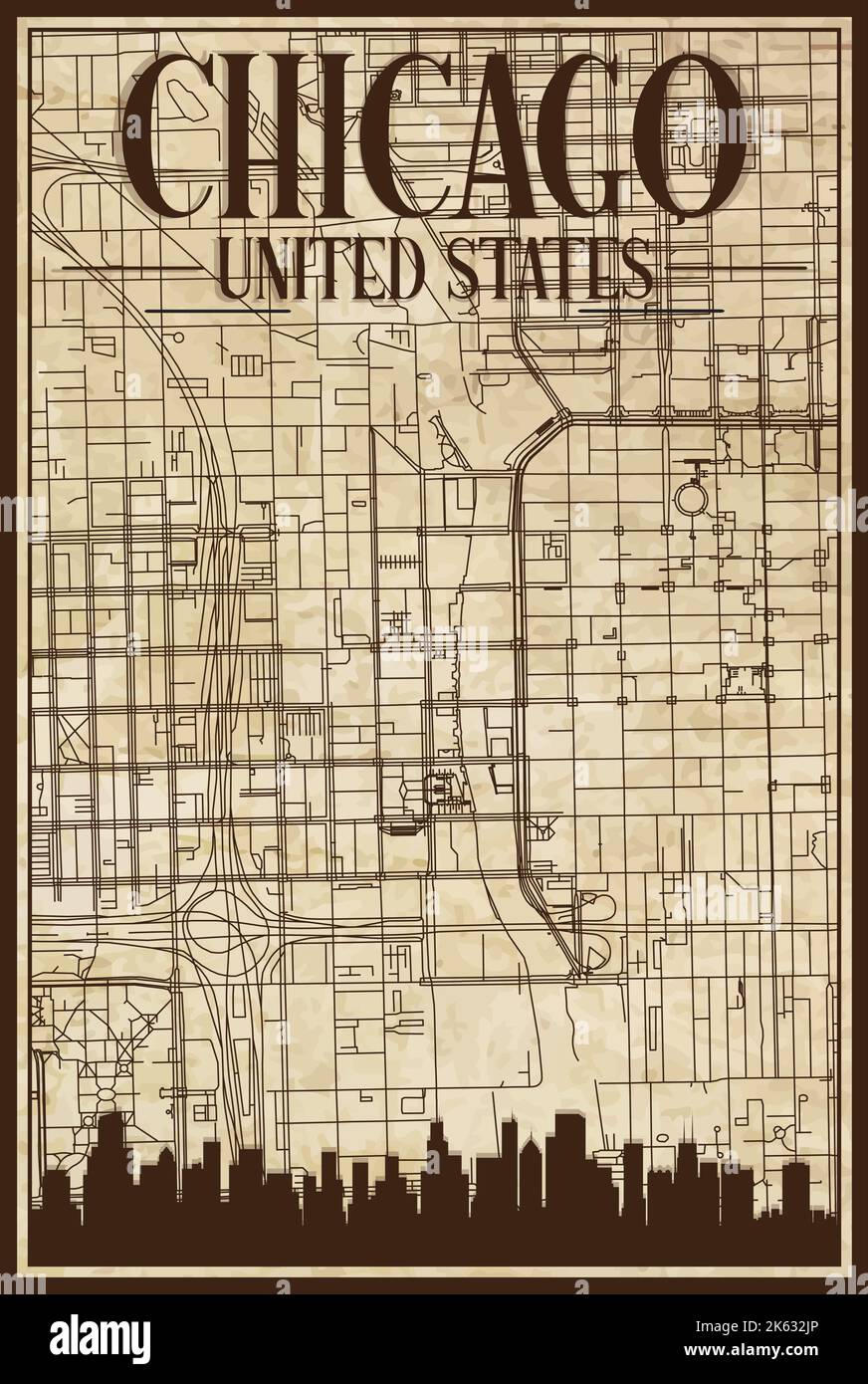 Hand drawn downtown streets network - Hand Drawn Downtown Streets Network Printout Map Of Chicago United States Of America 2K632JP 